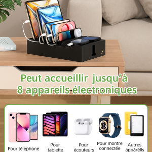 Station de charge en bambou pour plusieurs appareils, pour téléphone portable et tablette (6 câbles inclus)