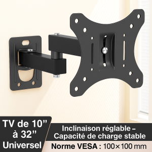 Support mural pour écran TV  bras articulés, pivotant, inclinable, extensible et rotatif, pour la plupart des téléviseurs plats et incurvés de 10 à 32 pouces