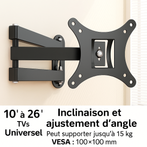 Support mural Vert pour écran TV à mouvement complet, bras articulés, extensible et rotatif, pour la plupart des téléviseurs plats et incurvés de 10 à 32 pouces