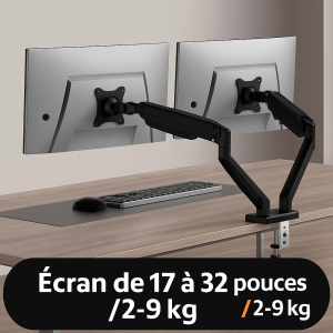 Support noir double écran pour écrans de 13 à 32 pouces, réglable, pivotant à 180°, inclinable et rotatif à 360° pour le bureau à domicile