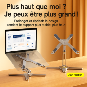 Support réglable en aluminium pour ordinateur portable – Pliable, télescopique, rotation 360°, compatible tablette & laptop