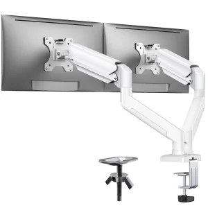 Support double écran  blanc pour écrans de 13 à 32 pouces, réglable, pivotant à 180°, inclinable et rotatif à 360° pour le bureau à domicile