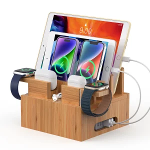 Station de charge en bambou pour plusieurs appareils,  compatible avec téléphones, tablettes, écouteurs