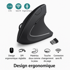 Souris verticale ergonomique sans fil 2,4 GHz, 3 DPI réglables 800/1200/1600, 6 boutons pour ordinateur portable et de bureau